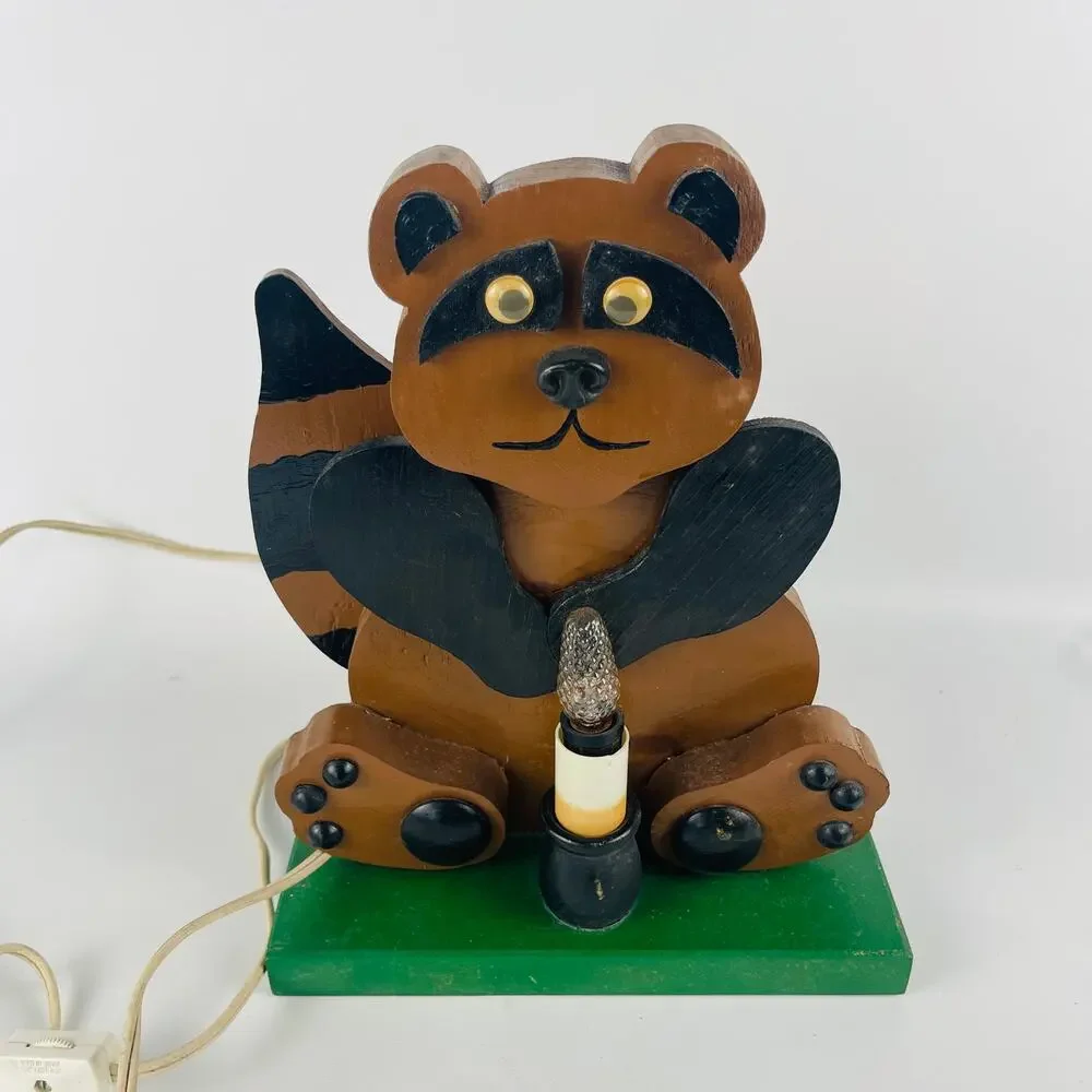Vintage Raccoon Wood Lamp 10 3/8
